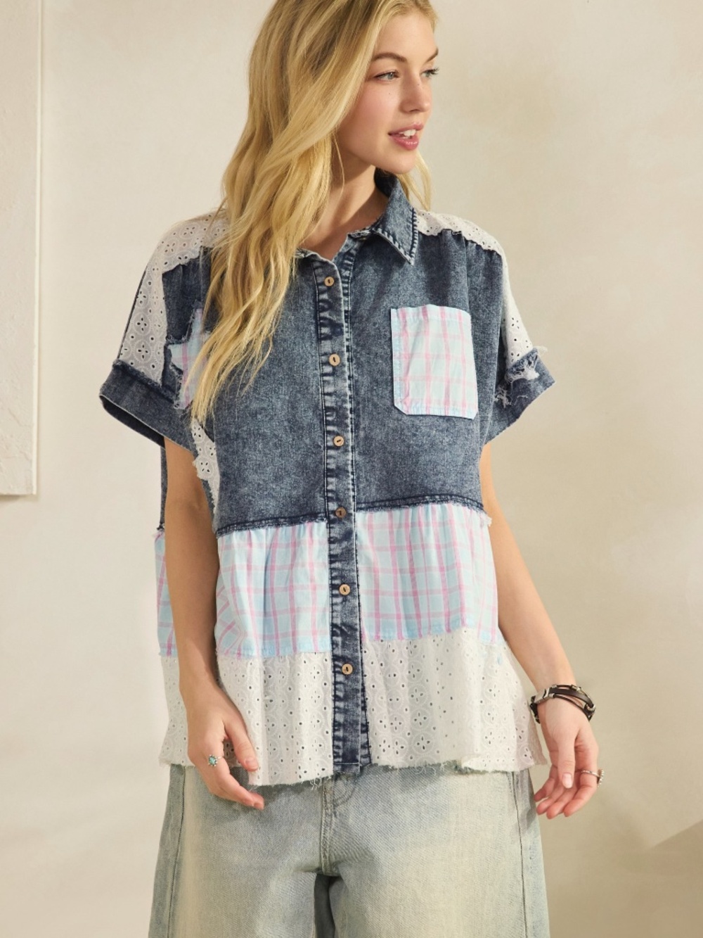 Sage & Fig Dark Wash Denim Plaid Print Star patch Button Down Top - Picture 4 of 8